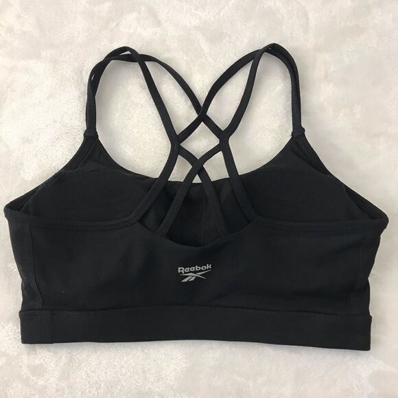 Reebok Women's L Strappy Criss Cross Sports Bra Solid Black Basic Gym Workout - Picture 6 of 6